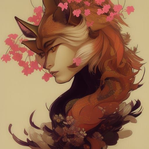 Kitsune Portrait with Cherry Blossoms in Artgerm Style