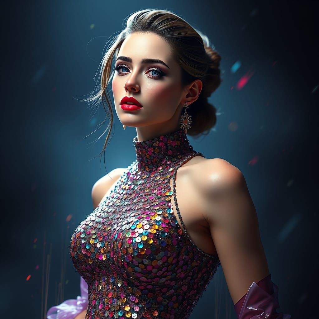 Luxurious Sequined Gown in Vibrant Triadic Hues