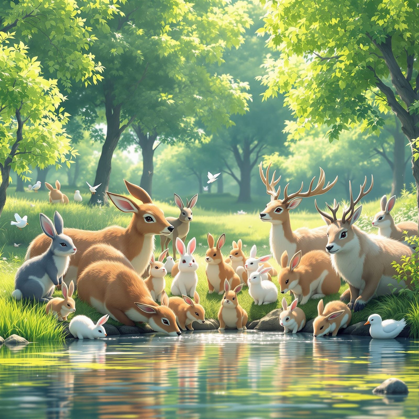 Animals Drinking Together by Serene River in 3D Anime Style