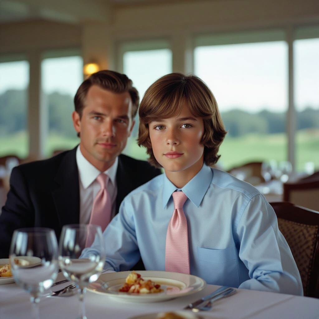 Family Dinner at Country Club: Boy in Blue Shirt and Pink Ti...