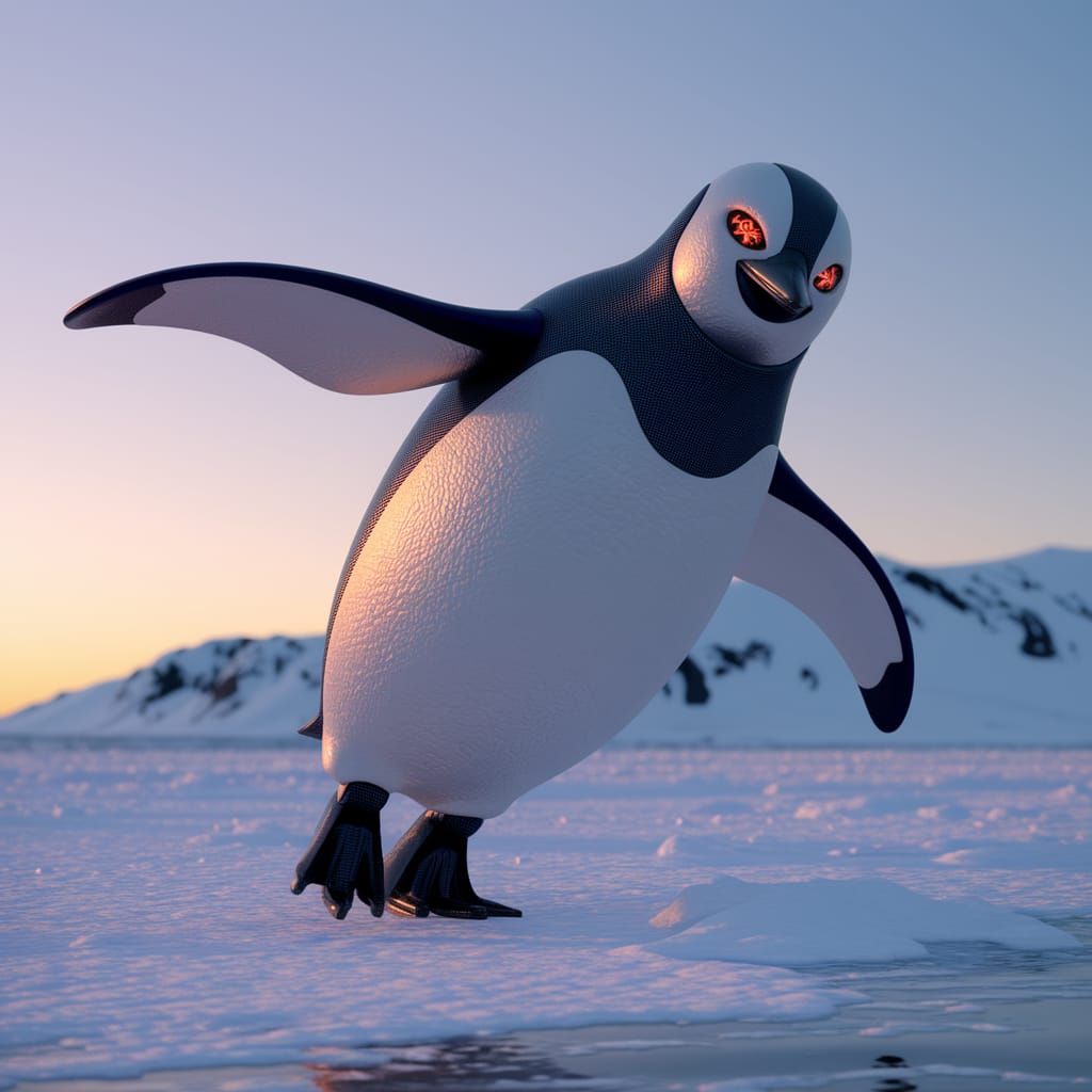 Robot Penguin Conquers Antarctica in Photorealistic Style