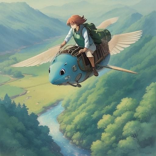 Nausicaä Gliding Through Valley in Ghibli Anime Style