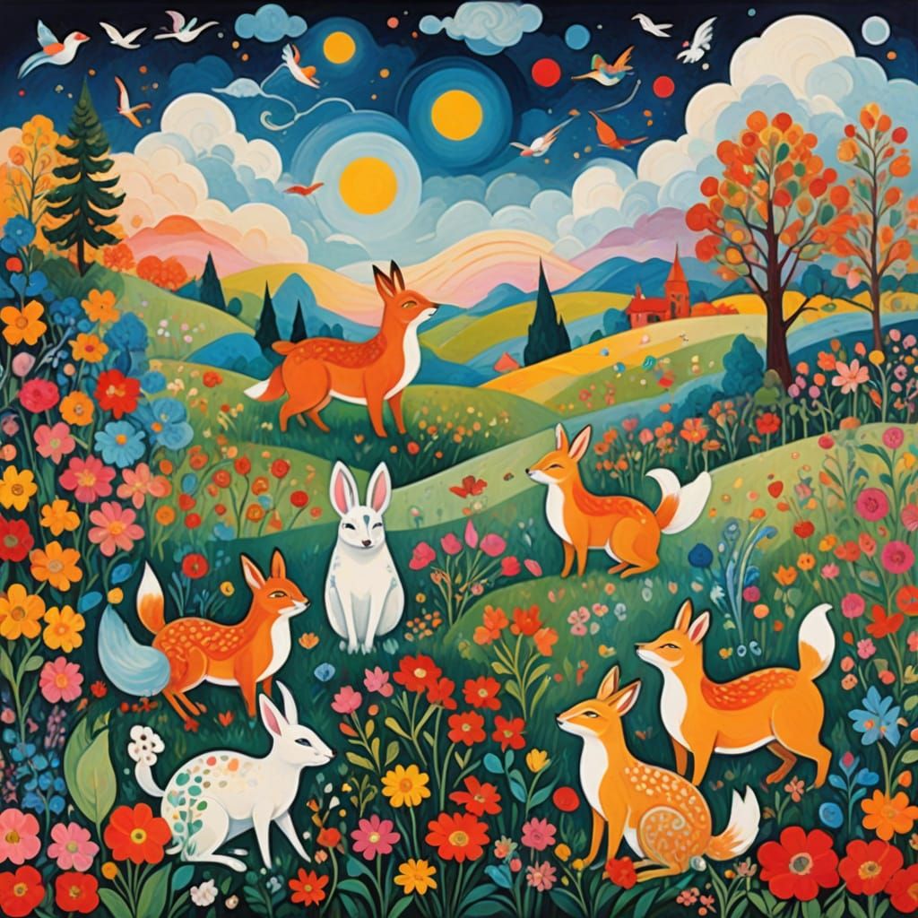 Surreal Cartoon Style Animal Couples in Vibrant Dreamlike La...