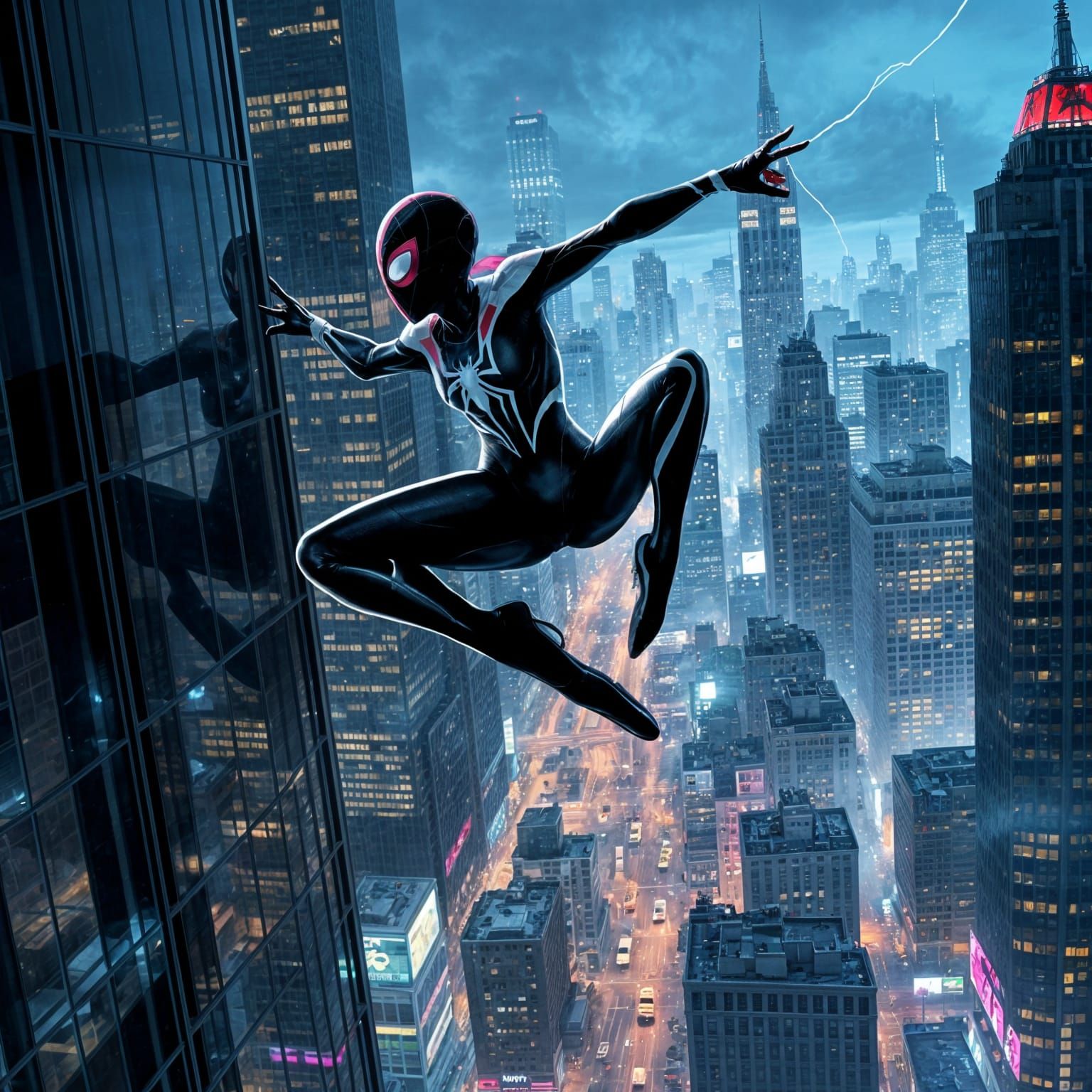 Masked Spider-Gwen Leaps from Skyscraper