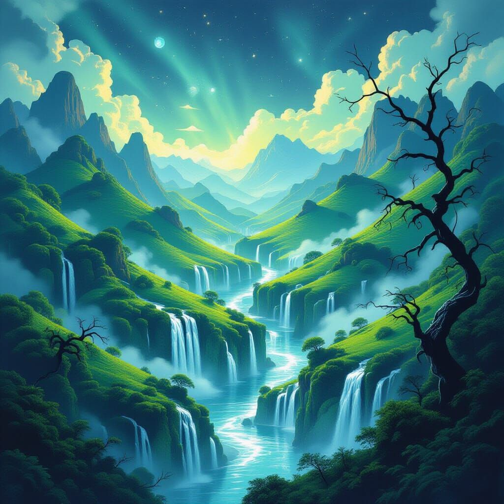 Ethereal Fantasy Realm with Silver Forest in Psychedelic Sty...