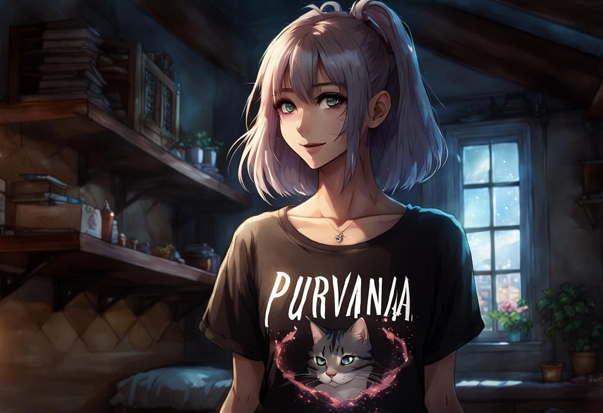 Fantasy Anime Cat-Girl Beckons with Coy Smile