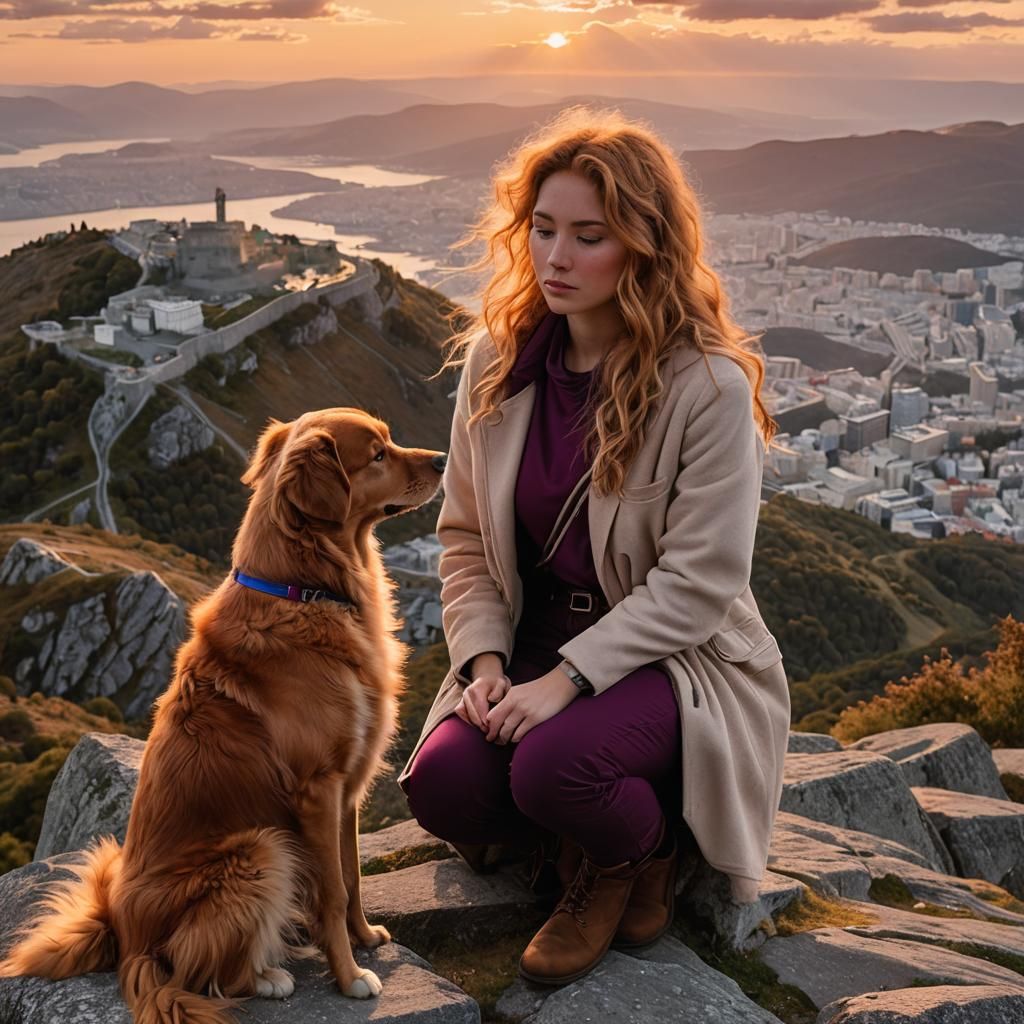 Girl and Dog Watch Sunset from Acropolis