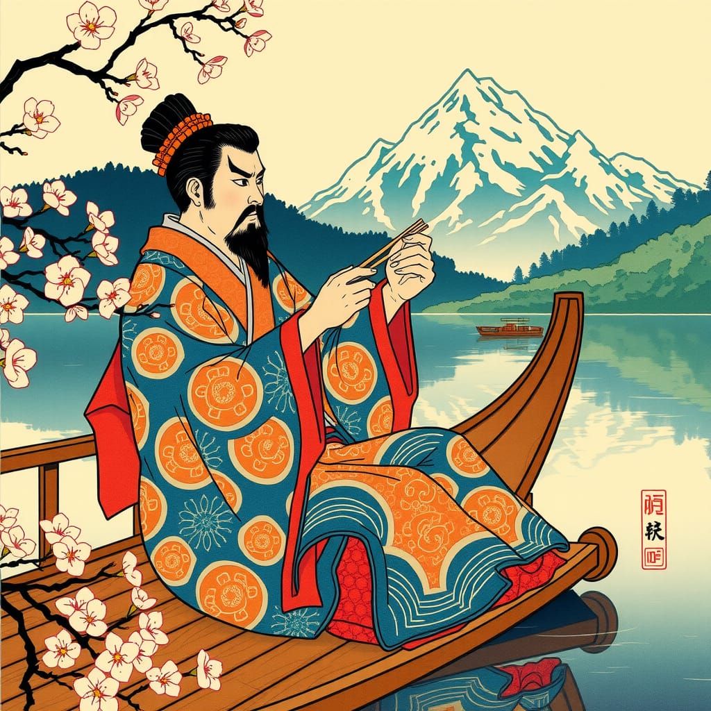 Riverboat Lunch: Ukiyo-e Style Japanese Nobleman