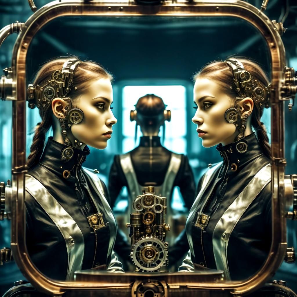BioPunk: human female cyborgs, reflection in the mirror