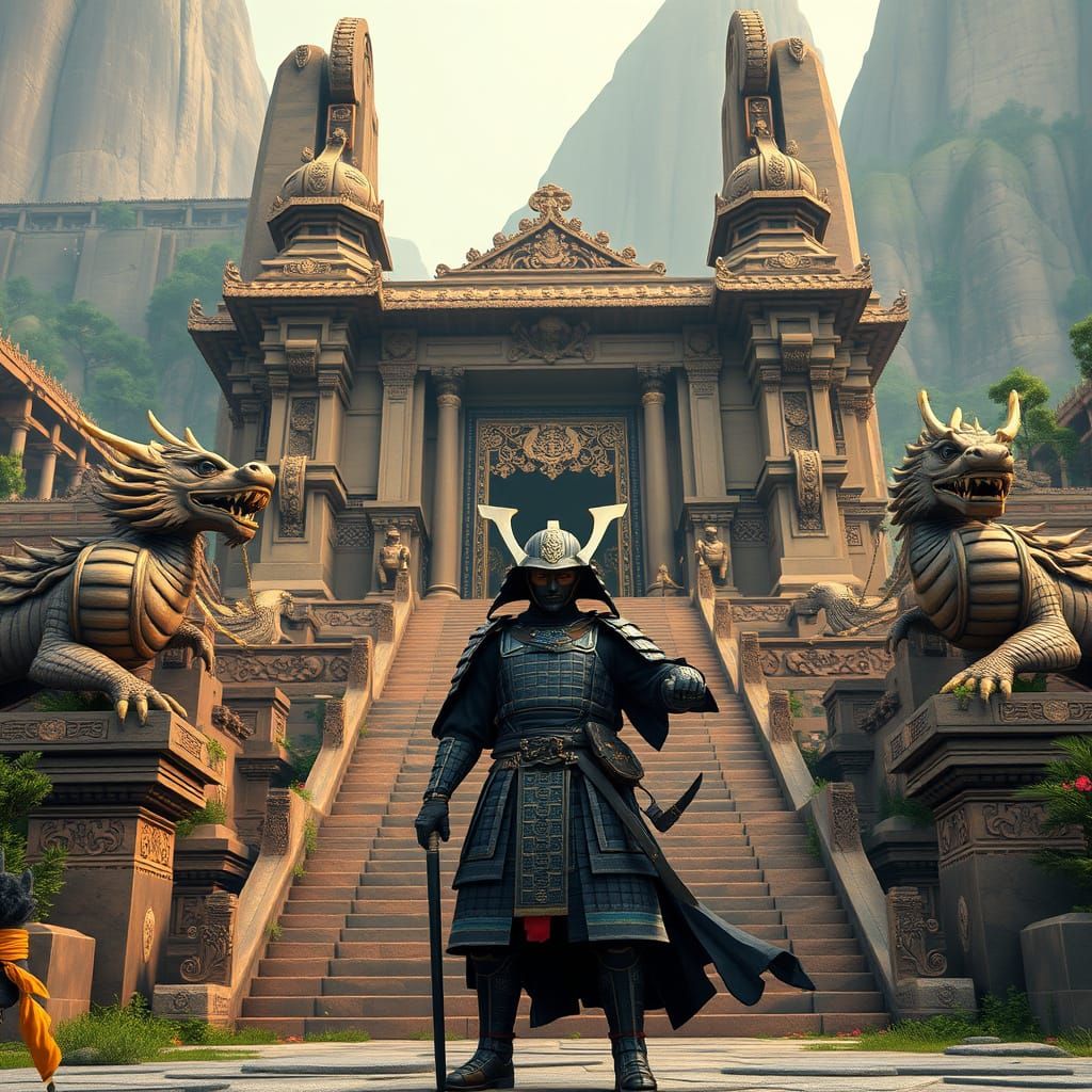 Samurai in Armor Before Dragon Temple, Matte Painting