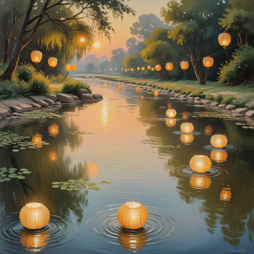 Impressionist River Scene with Floating Lanterns