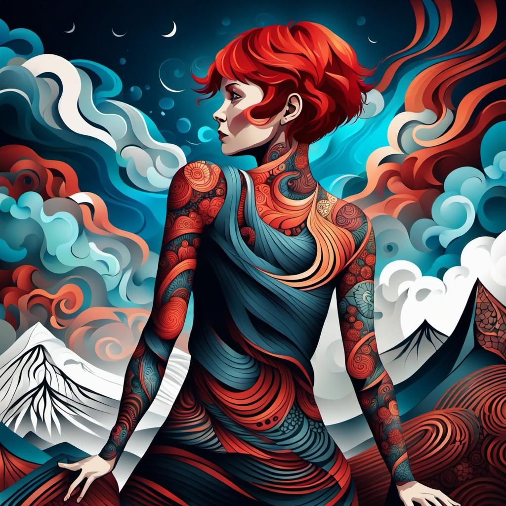 Red Haired Woman with Tattoos Reaching to Sky