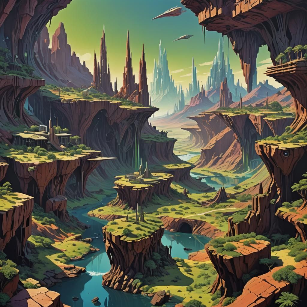 Dystopian Aurora in Low Poly, Roger Dean Style