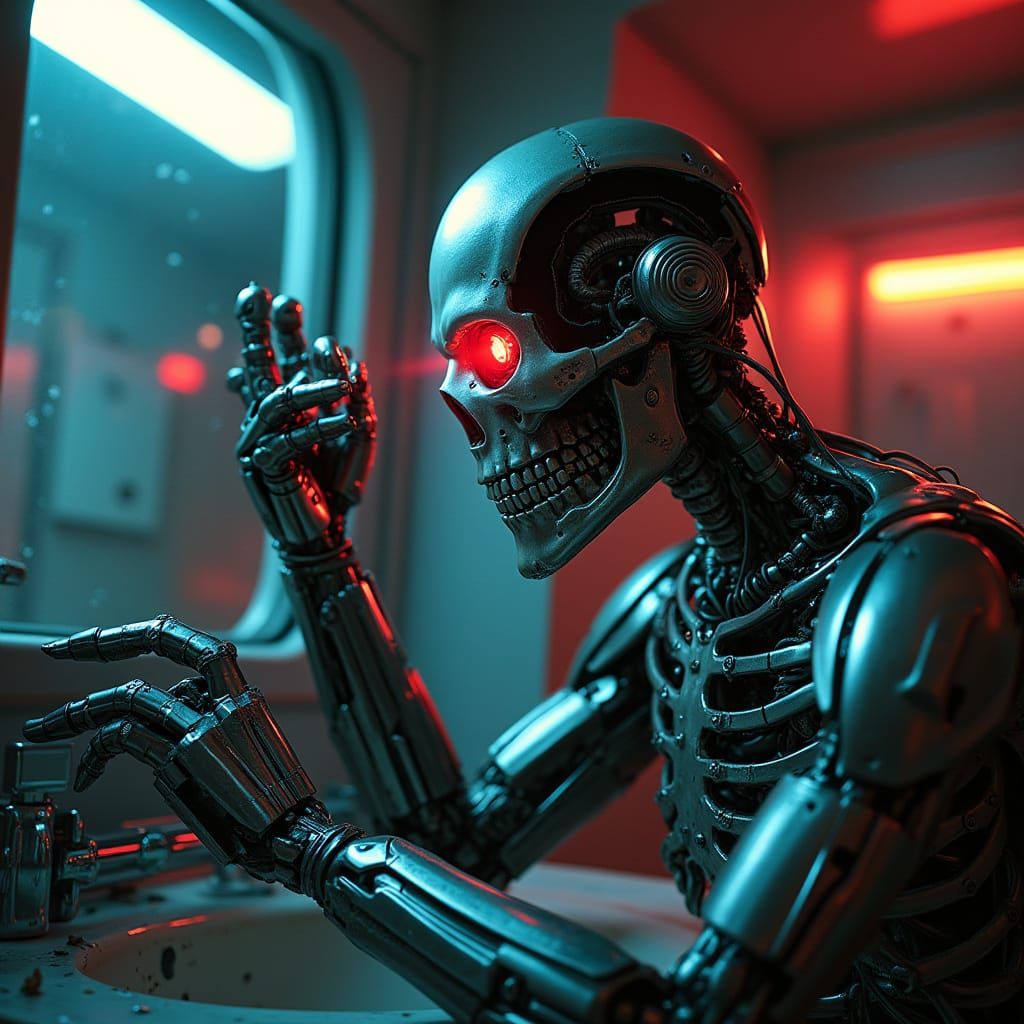 Cyborg Terminator Examines and Repairs His Cybernetic Eye in...