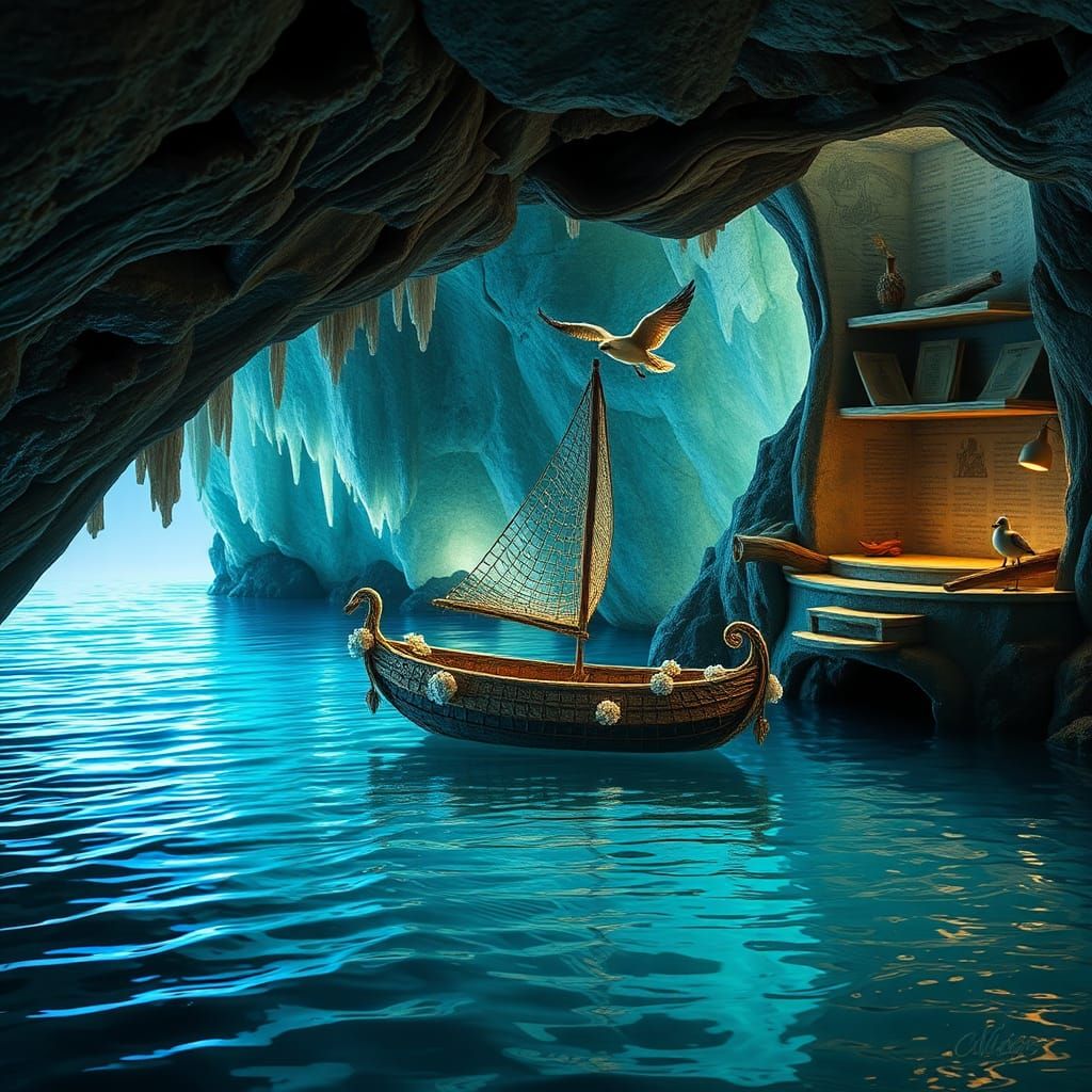 Starlit Cove with Bioluminescent Fish and Mermaid