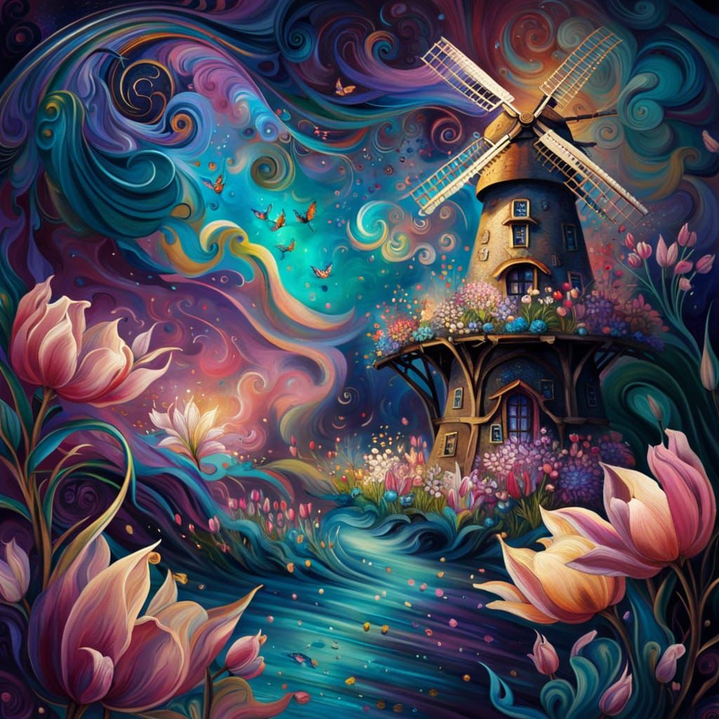 Dutch Windmill Fantasy Digital Illustration