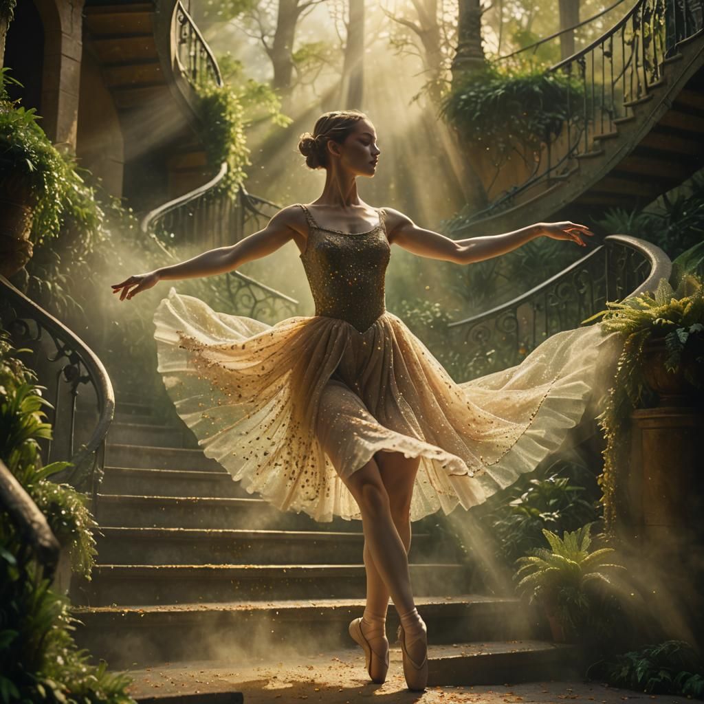 Ballerina Dancing in Pointillism Cinematic Style