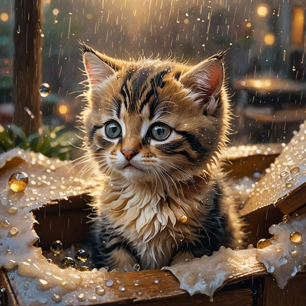 Kitten in Rainy Fantasy, Dreamy Realism Style