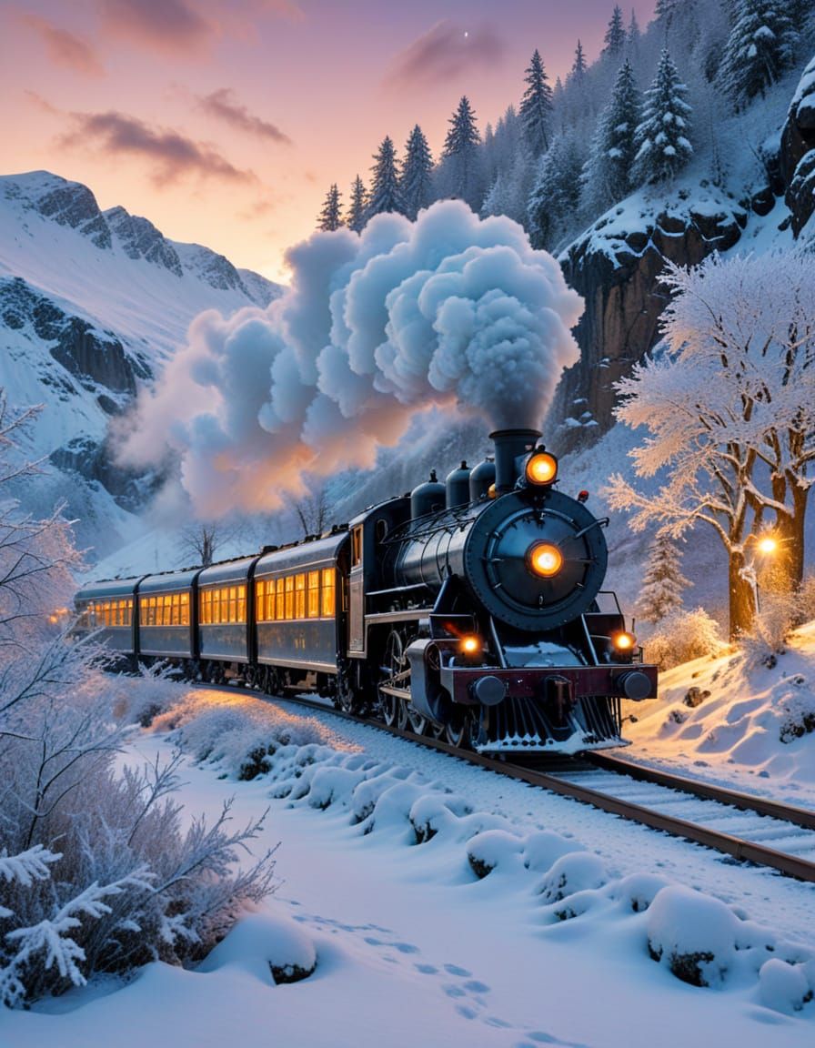 Magical Winter Train Journey Through Snowy Mountains