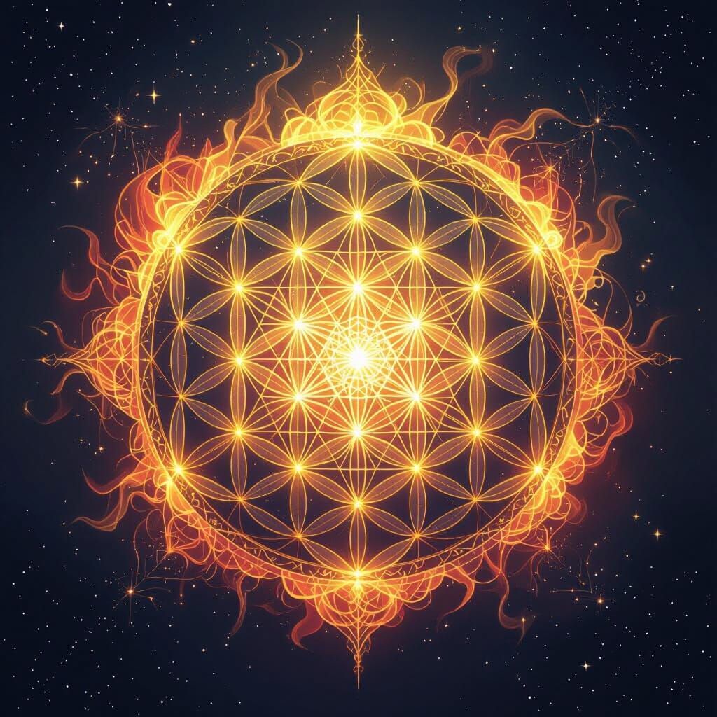 Cosmic Flower of Life & Metatron's Cube in Fiery Energy