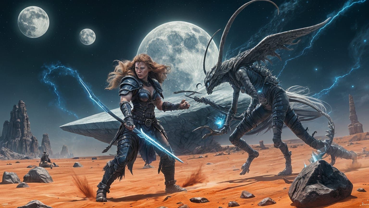 Female Barbarian Warrior Fights Alien by Spaceship Under Twi...