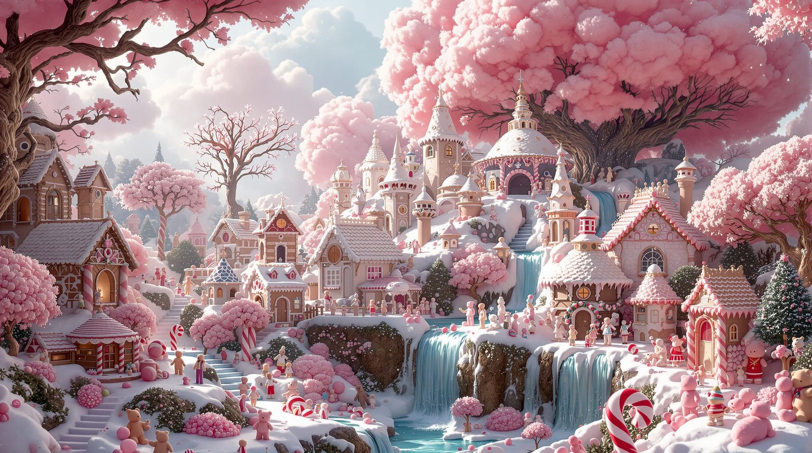 Whimsical Candy Land with Chocolate Waterfall and Gingerbrea...
