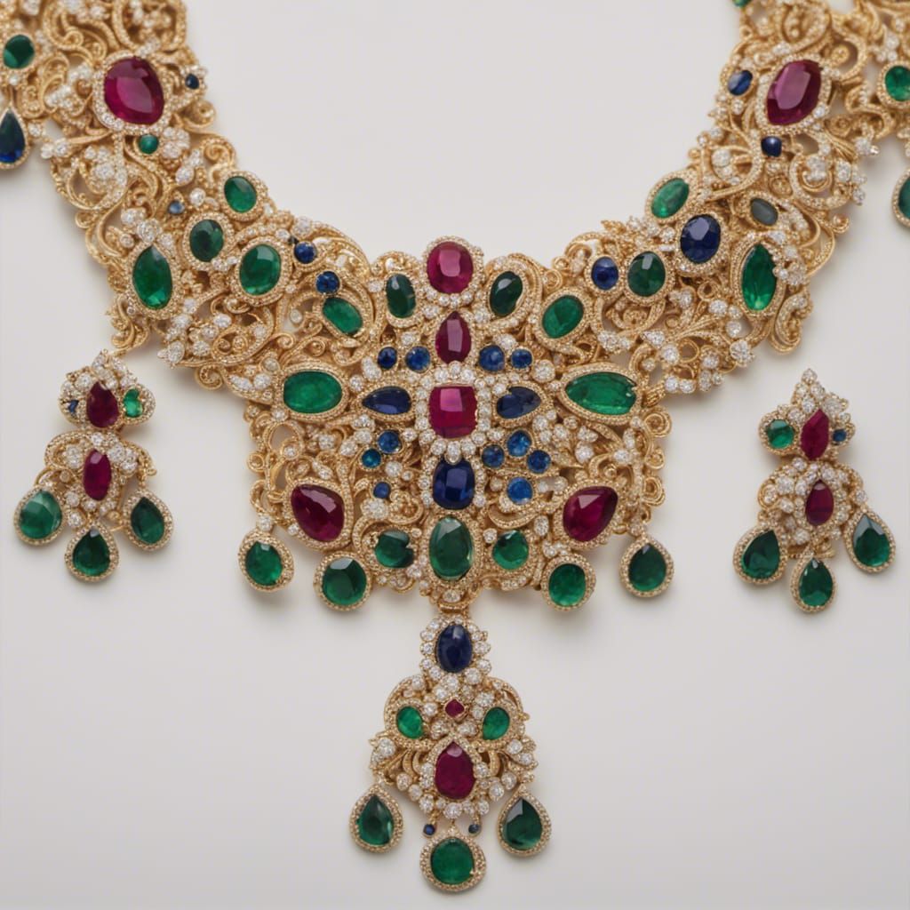 Gold Necklace with Diamond and Gemstone Inlays