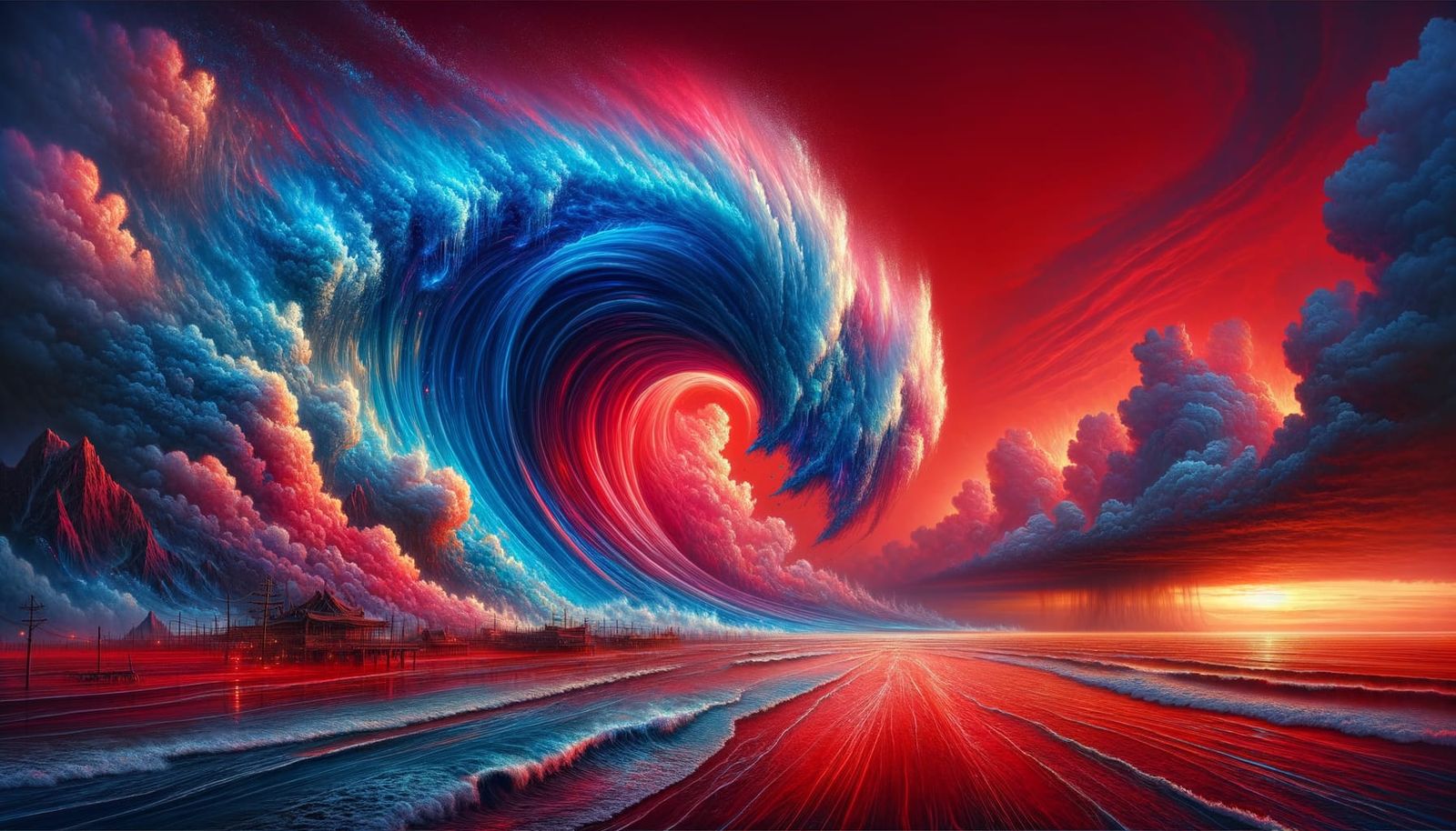 Iridescent Tsunami Wave Against Red Apocalyptic Sky