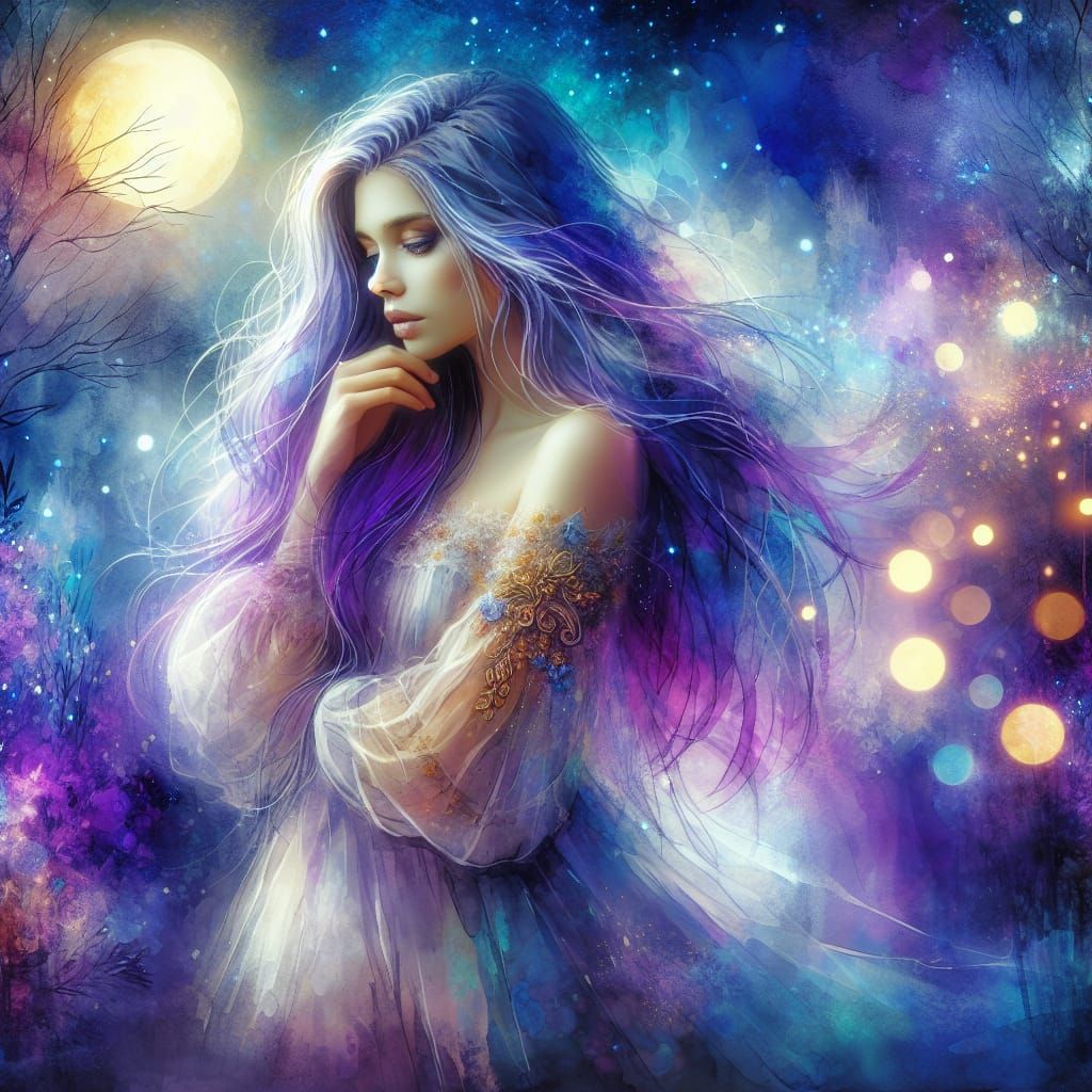 Ethereal Maiden Contemplates Life in Mystical Moonlight