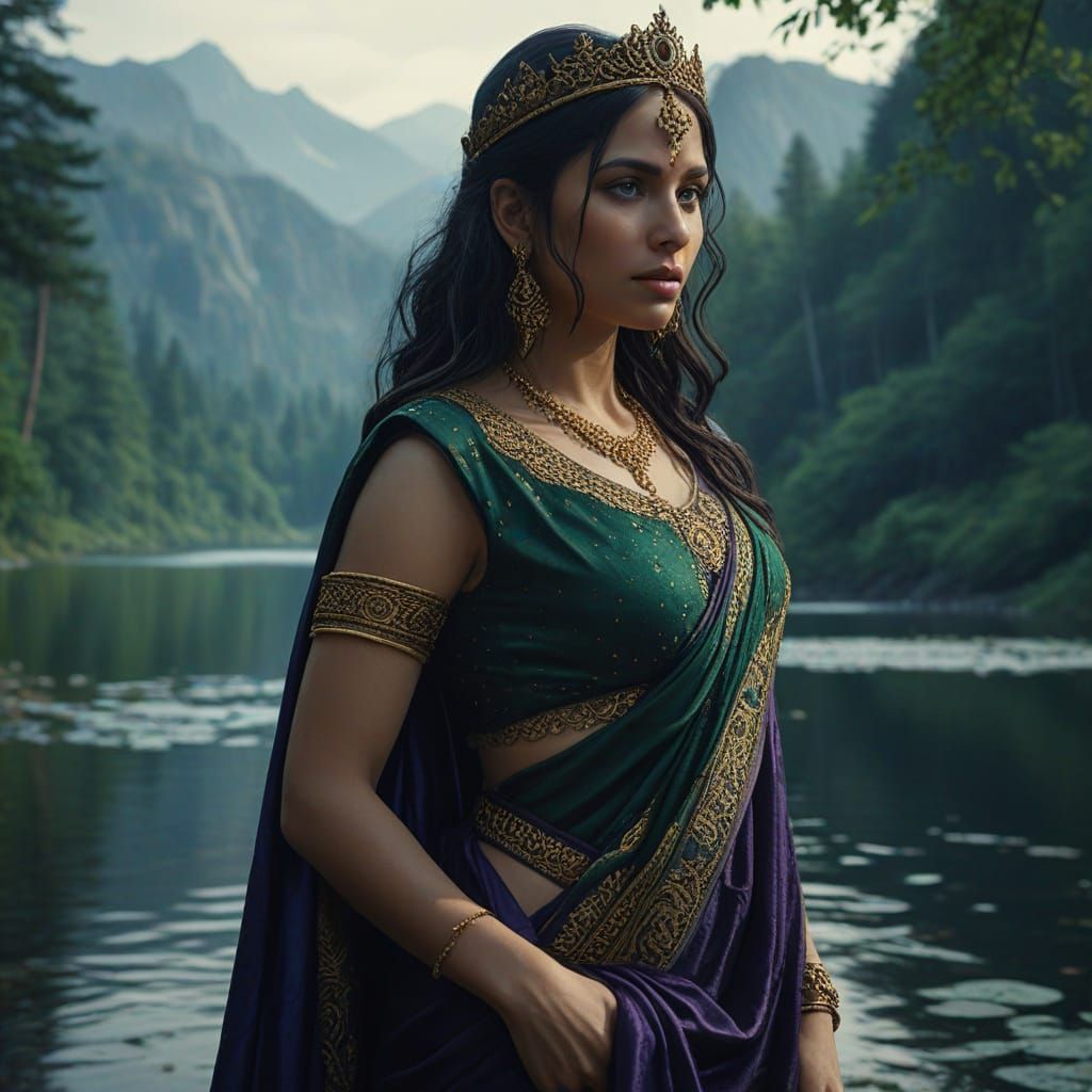 Mystical Indian Goddess in a Nighttime Lake Setting