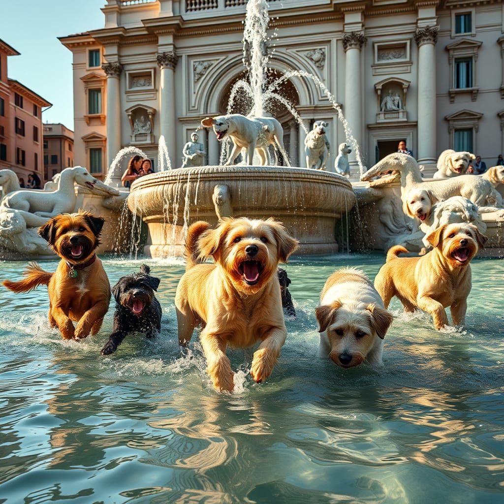 Dogs Play in Baroque Fountain on Sweltering Summer Day in Ro...