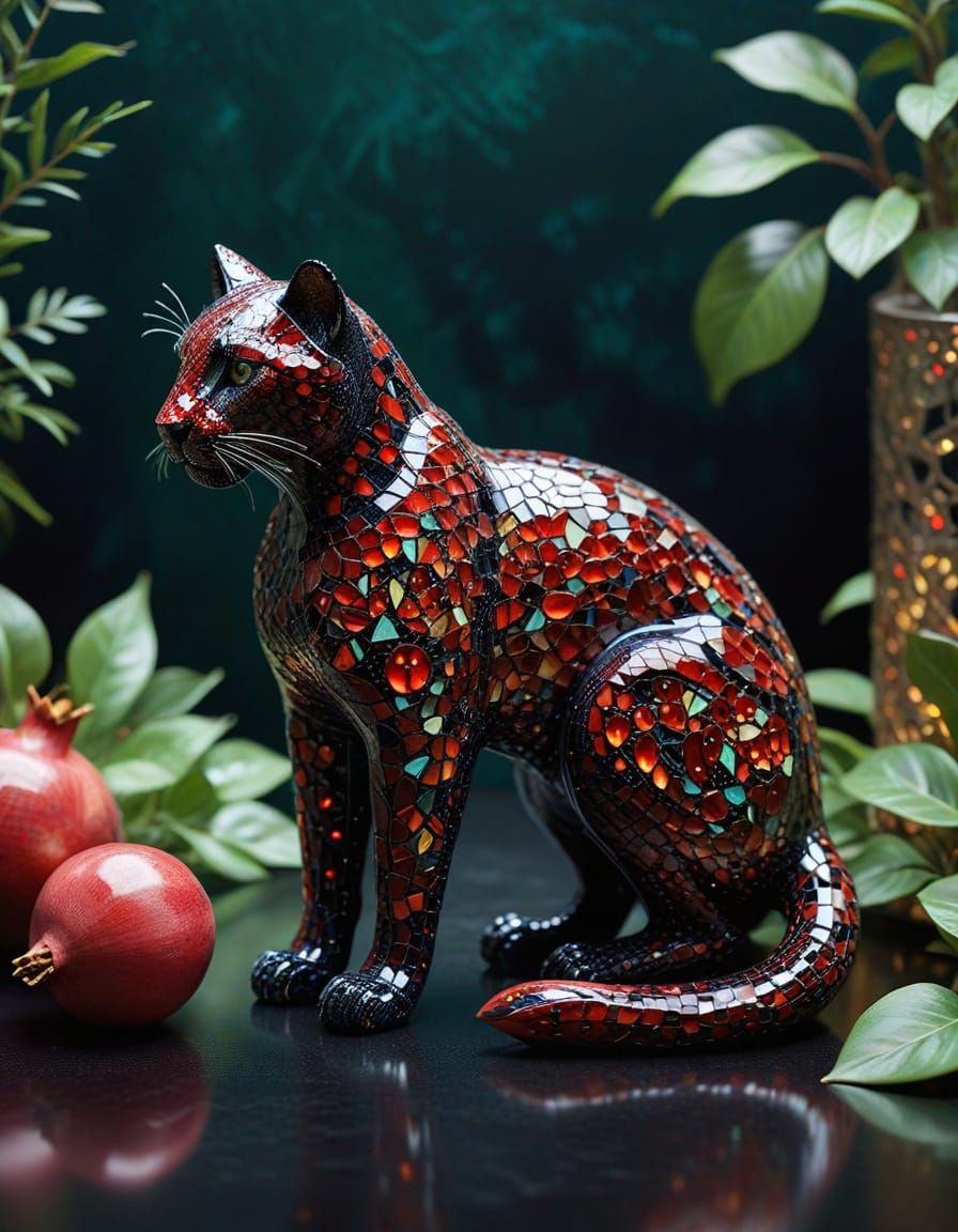 Sleek Crimson Panther Radiates Elegance in Micro-Mosaic Mast...