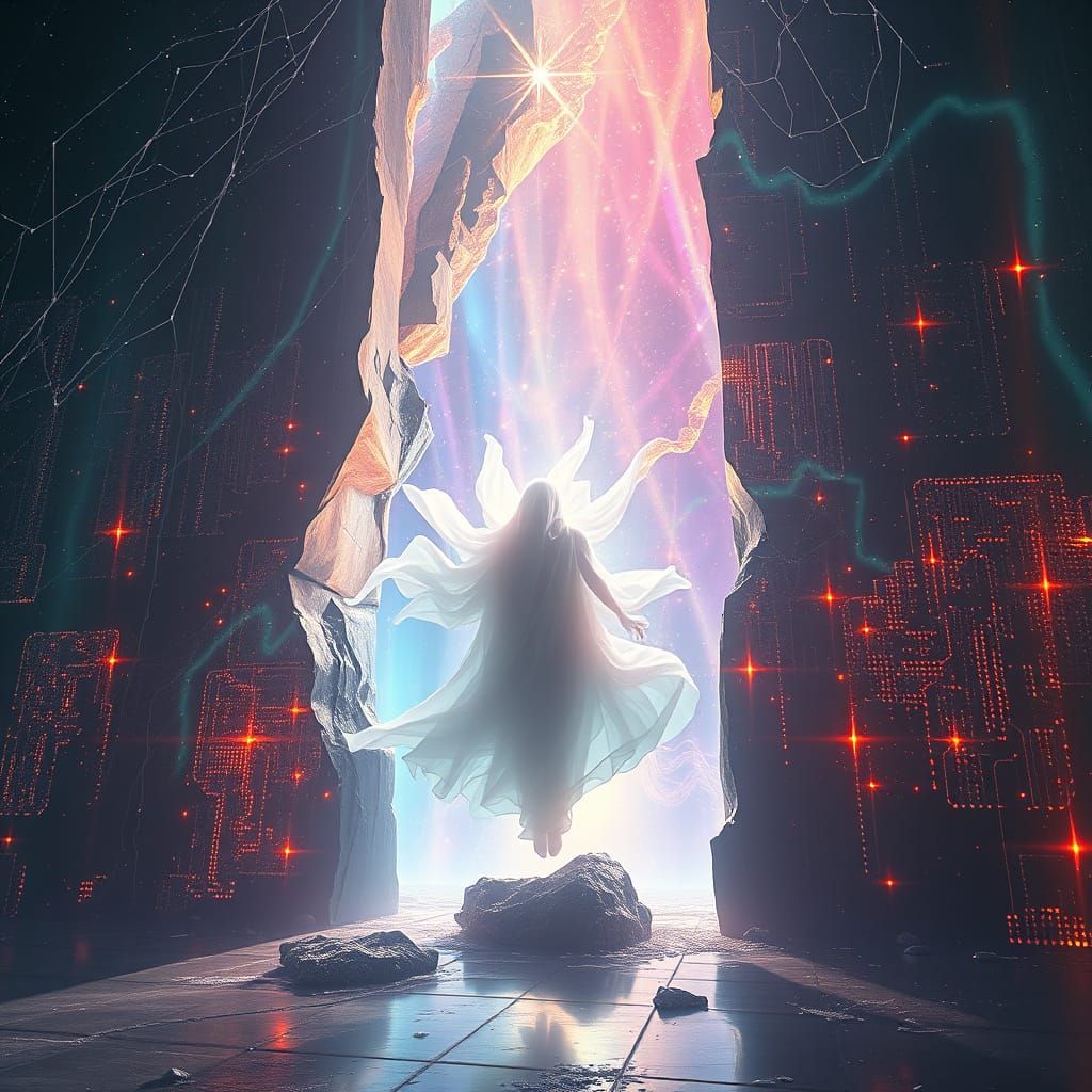 Awakened Figure Dissolves Through Cosmic Control Wall