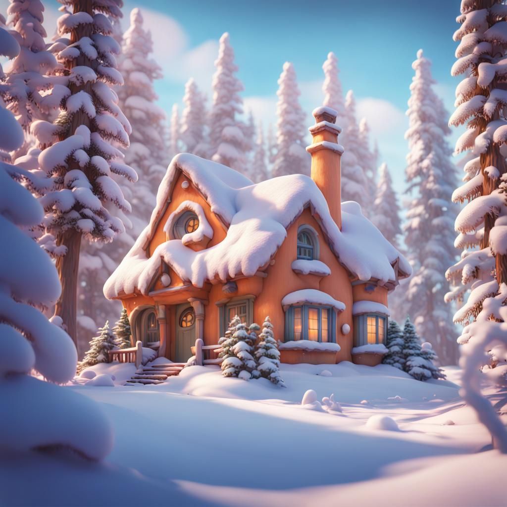 Winter Snow House in Sunny Forest, 3D Digital Art