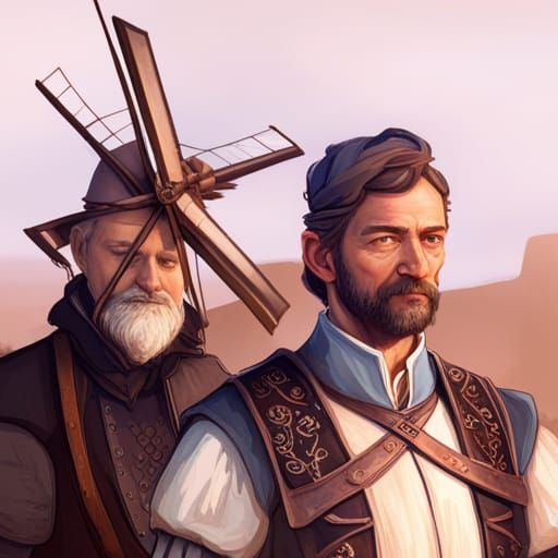 Don Quixote Portrait with Windmill in Art Nouveau Style