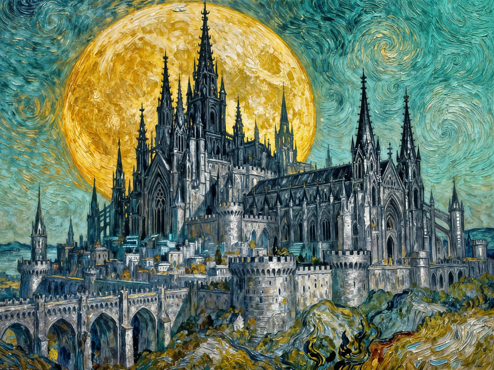 Gothic Futuristic Cityscape Impasto Painting