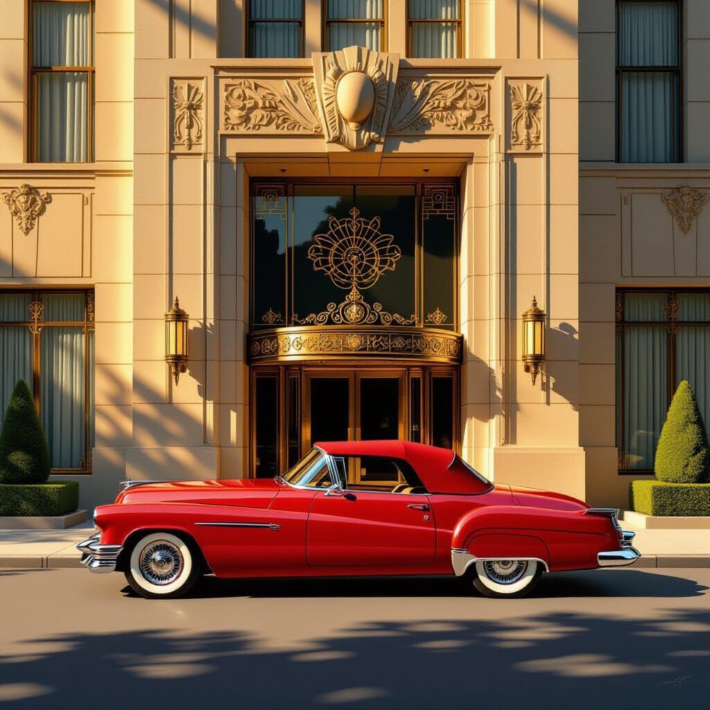 Streamlined Cherry-Red Convertible Before Opulent Art Deco B...