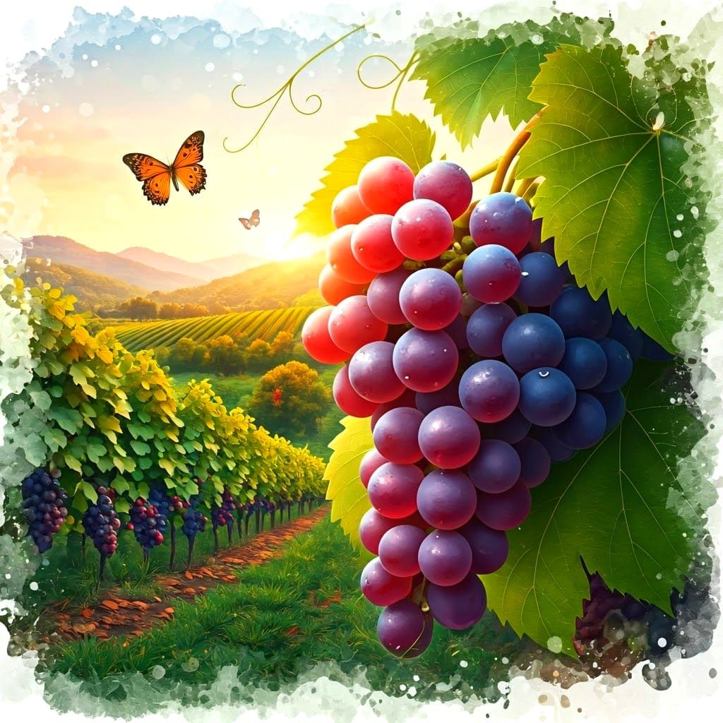 Whimsical Watercolour Vineyard Scene with Grapes and Butterf...