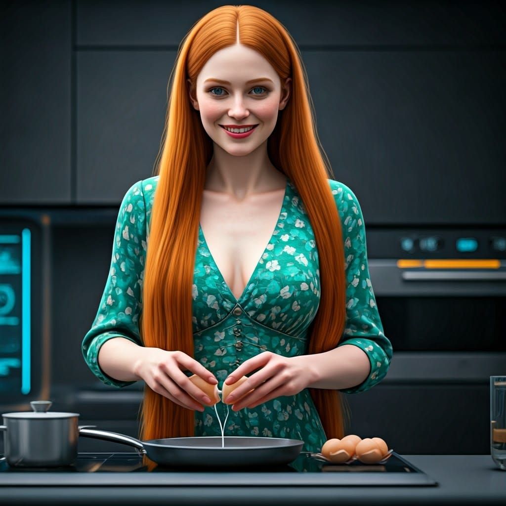 Redhead Tradwife in Futuristic Kitchen, Hyperrealistic Style