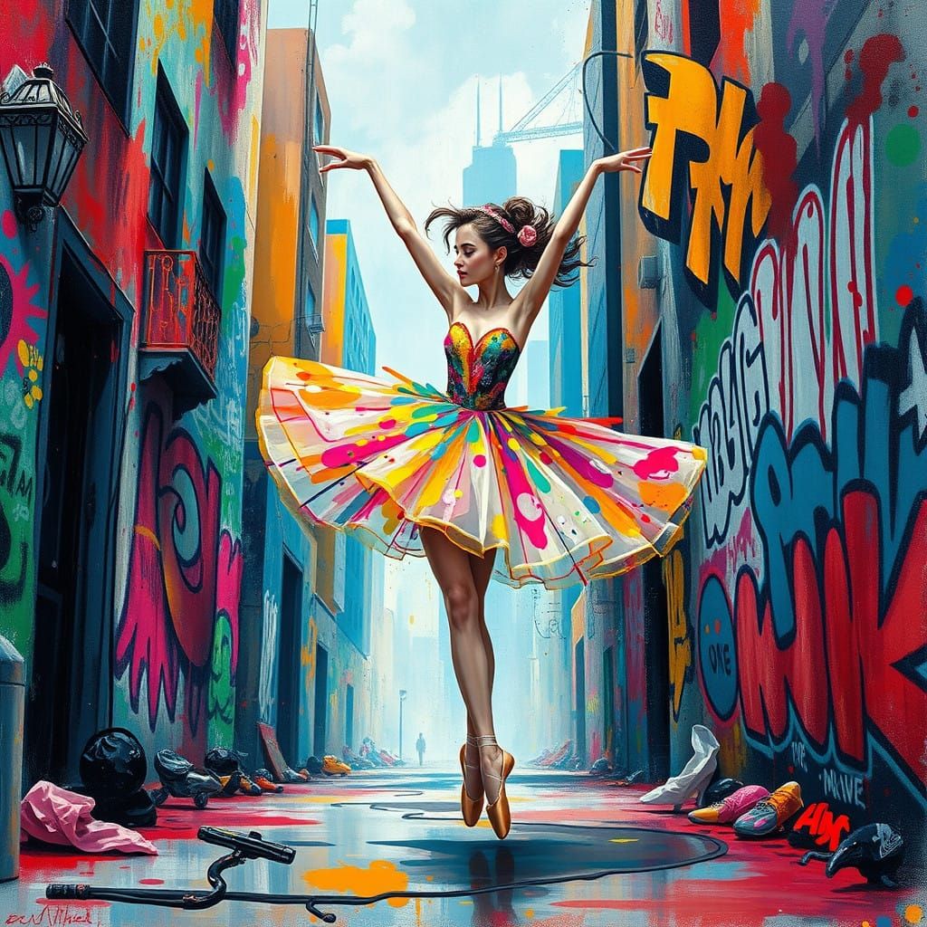 Whimsical Ballerina in Vibrant Street Art Cityscape