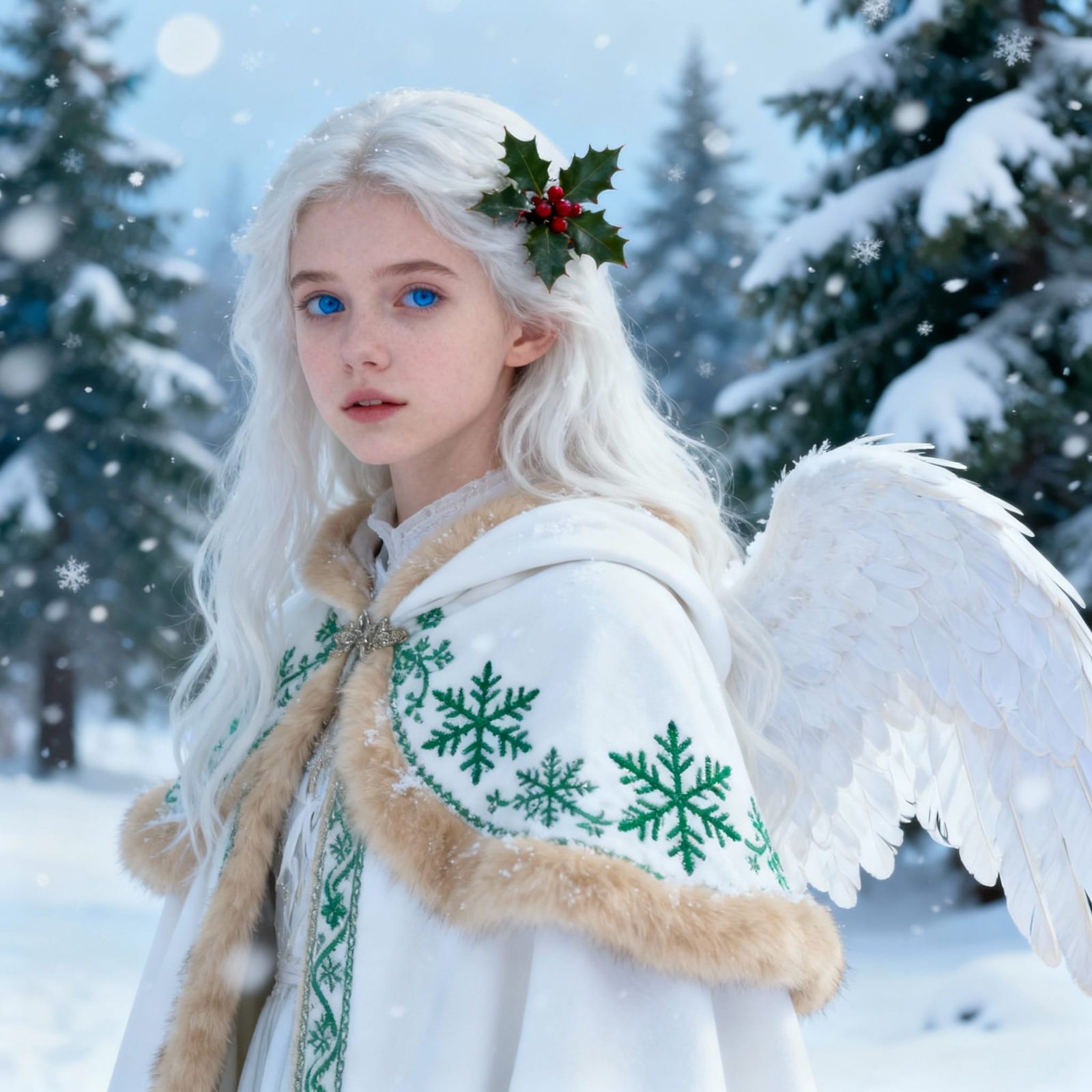 Angelic Figure in Snowy Landscape with Holly