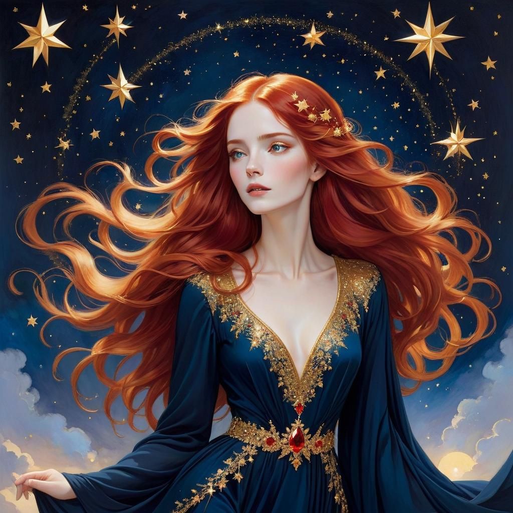 Enchanting Woman with Red Hair and Golden Stars
