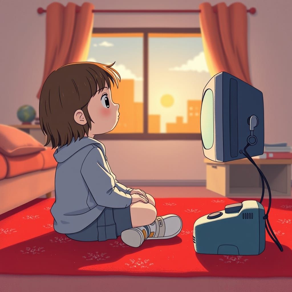 Girl Watching TV, Animated Illustration Style