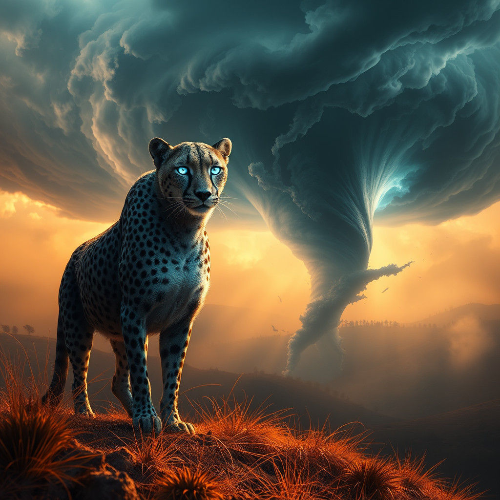 Cheetah Stares Down Tornado: Magical Realism Artwork