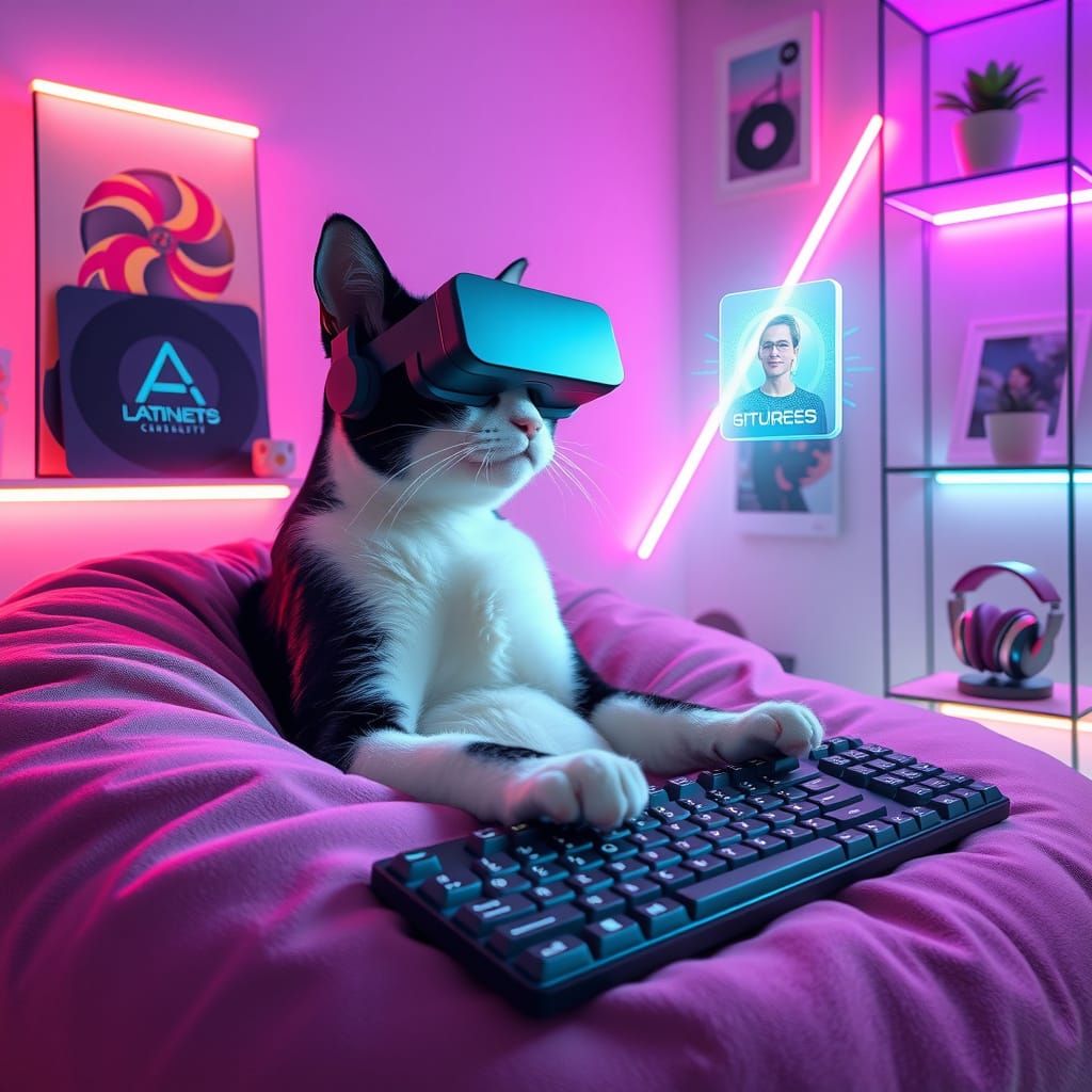 Gen Z Cat Streamer in Pastel-Neon Loft