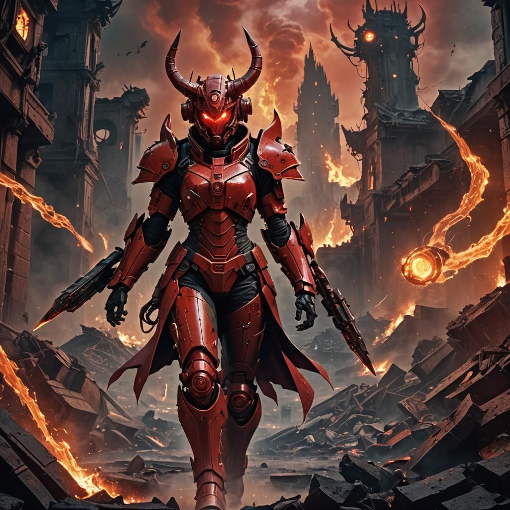 Demon Warrior in Crimson Armor, Studio Trigger Style