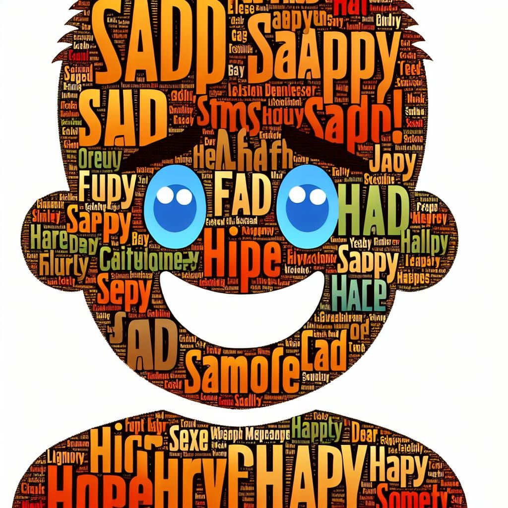 Joyful Man Word Cloud Filled with Sadness