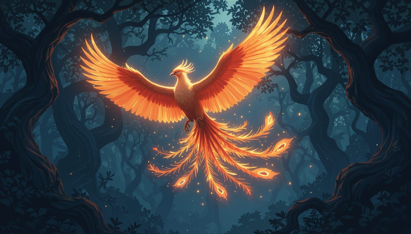 Phoenix Soaring Through Dark Forest: Matte Painting