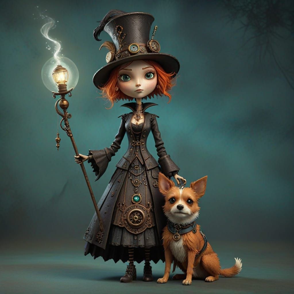 Steampunk Wiccan Witch and Dog Cartoon