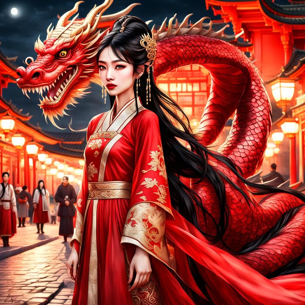 Chinese Princess and Dragon in Moonlight